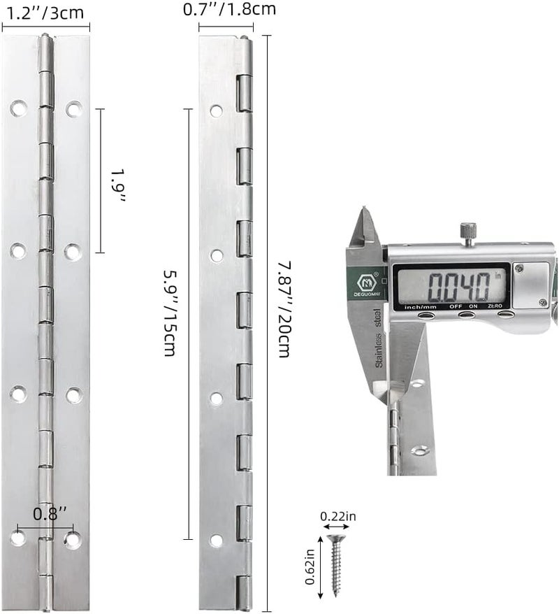 FVSEC 8 Pack 8 Inch Piano Hinge, Heavy Duty Continuous Hinge with Holes for Cabinets Boat Marine Door, 304 Stainless Steel 0.04" Leaf Thickness 1.2'' Open Width … - Image 2